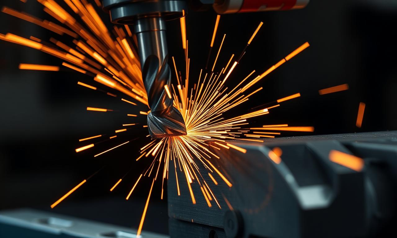 Carbide end mill cutting 316 stainless steel with bright orange sparks and flood coolant