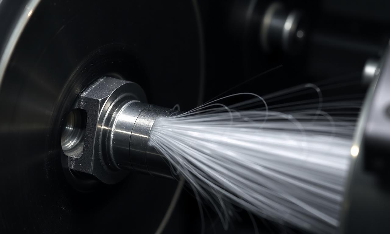 CNC lathe turning 316 stainless shaft with stringy silver chips and flood coolant