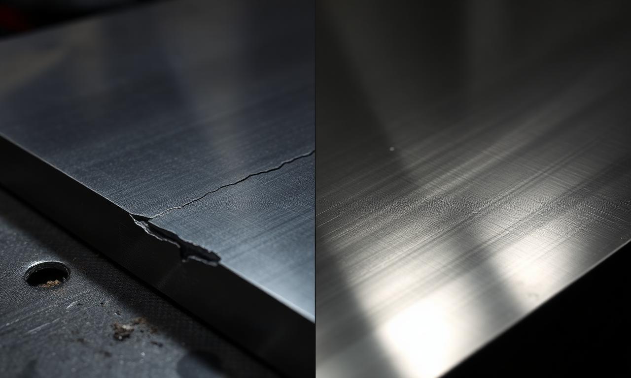 Side-by-side: torn 316 surface from built-up edge vs mirror-polished 316 finish