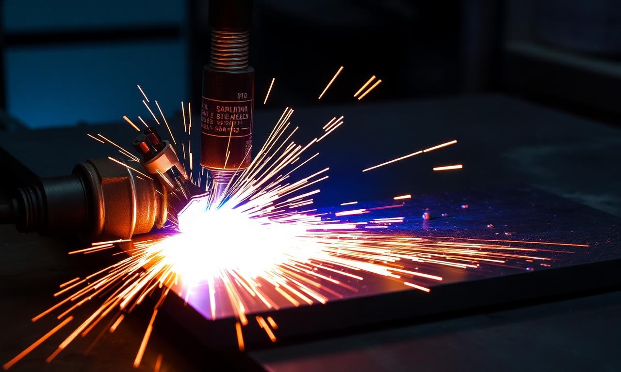 Plasma torch cutting 316 stainless plate with visible heat-affected zone