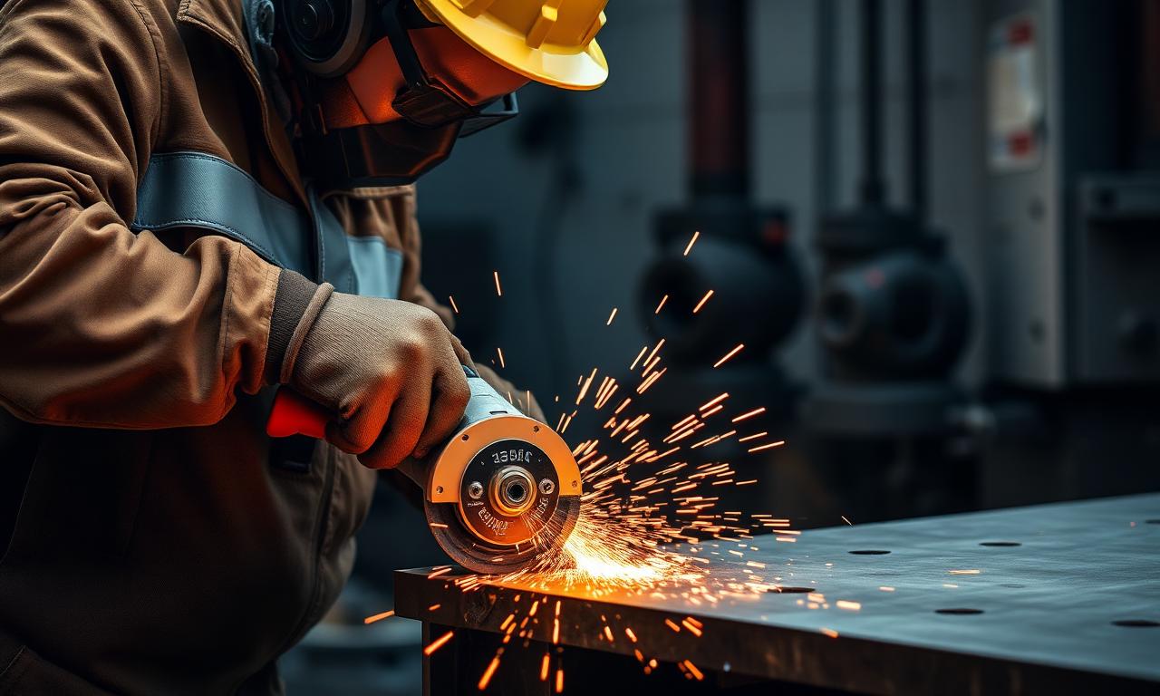 Machinist using angle grinder with stainless-specific wheel on 316 plate