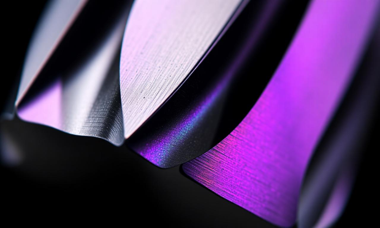 Close-up macro of iridescent AlCrN-coated carbide end mill cutting edge