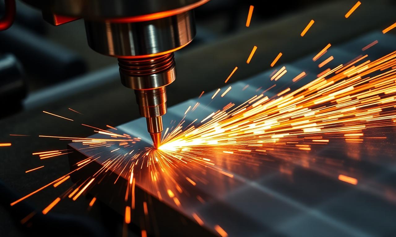 Carbide end mill cutting a 316 stainless pocket with bright sparks and flood coolant