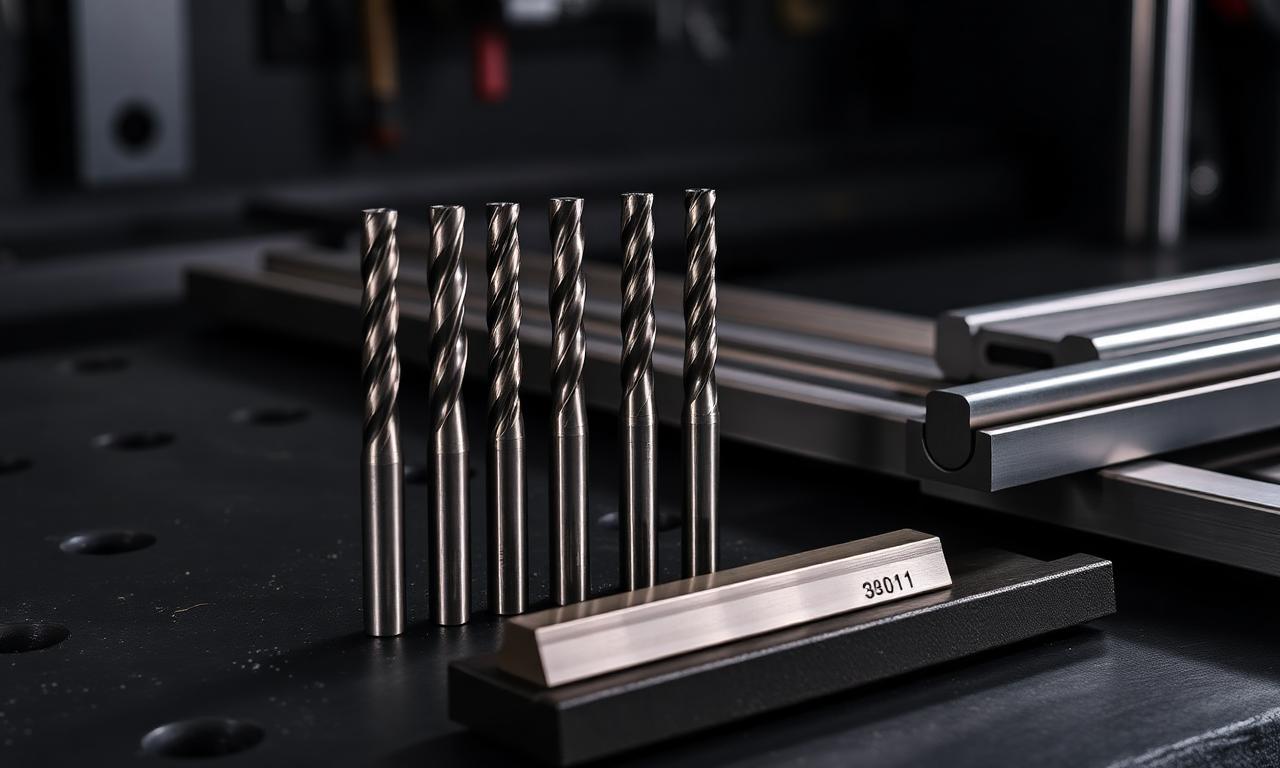 Premium carbide end mills on dark workbench with 316 stainless bar stock