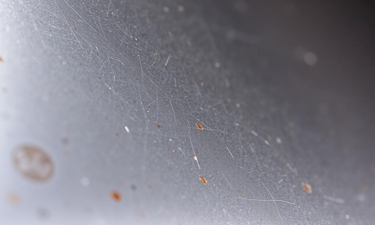 Close-up of 304 stainless surface with early pitting corrosion after salt-spray exposure