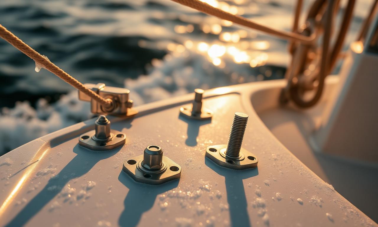 316 stainless marine hardware on a boat deck with salt spray