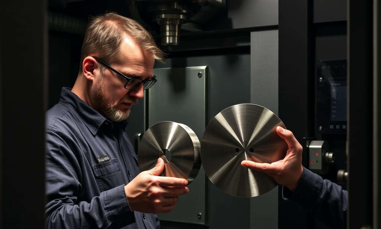 Machinist comparing 304 and 316 stainless workpieces at a Haas VMC